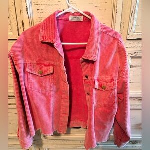 Jane Rice vintage-washed pink corduroy jacket with a raw, distressed hem